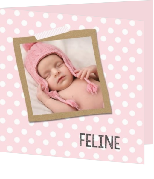Geboortekaartje roze met witte stippen en foto