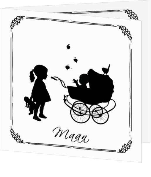Geboortekaartje kinderwagen silhouet met grote zus