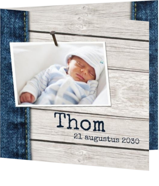 Geboortekaartje met eigen foto, wel zo uniek! - geboortekaartje met eigen foto op hout en spijkerstof mak16112501, vk