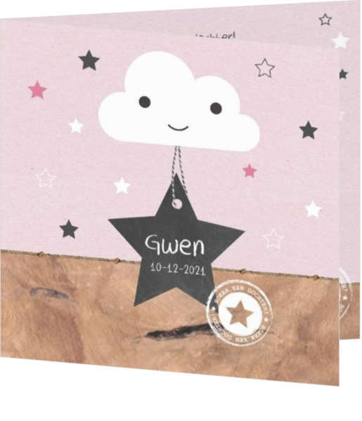 Geboortekaartje voor een dochter of meisje - stoer geboortekaartje voor een meisje met wolkje, sterren, label en stempel