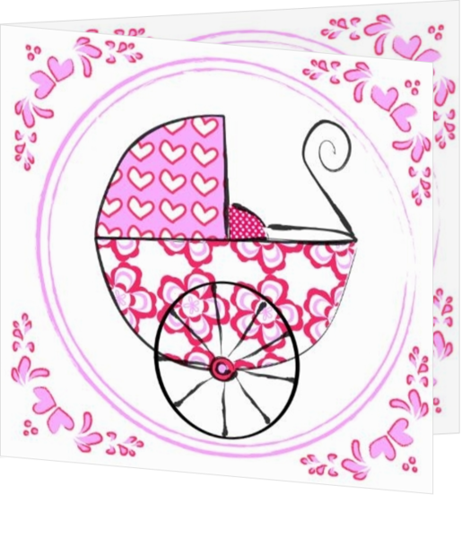 Geboortekaartjes met Hollands design - geboortekaartje delft pink pram, vk