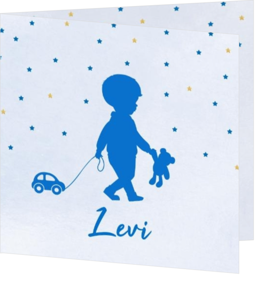 Geboortekaartje blauwe waterverf met silhouet jongen
