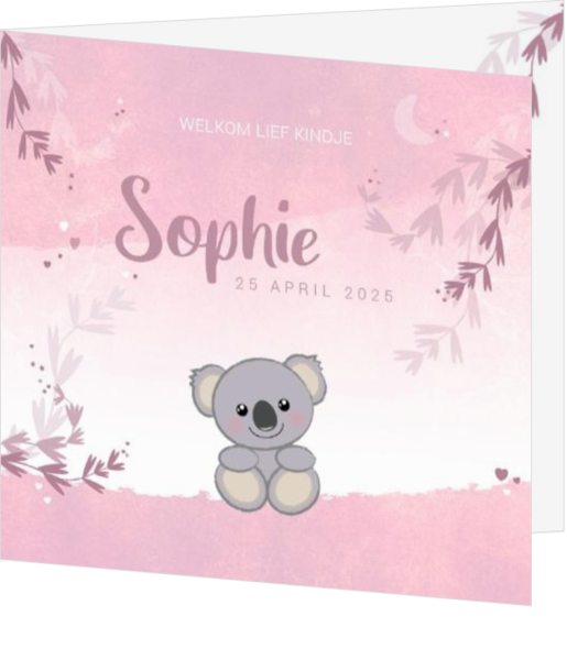 Hip en lief roze geboortekaartje met een schattig koalabeertje
