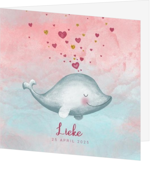 Roze geboortekaartje meisje met een lief dolfijntje en hartjes