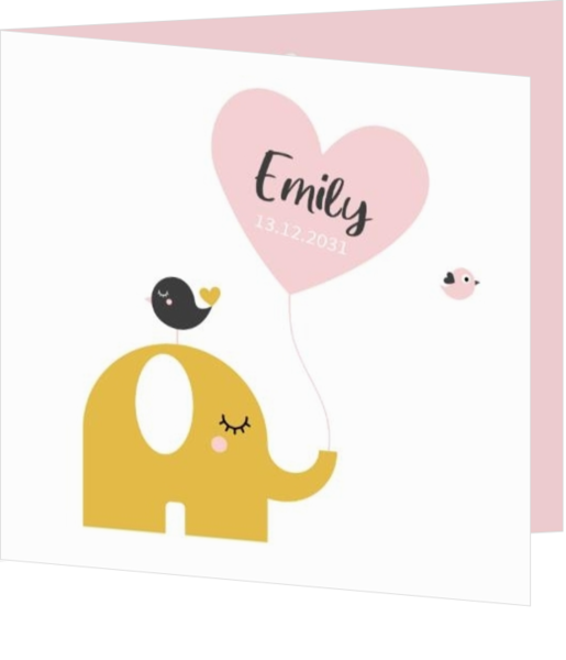Vrolijk geboortekaartje voor een meisje Met olifantje, vogeltjes en hartjes ballon