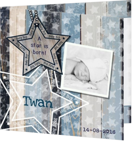 Geboortekaartje blauw steigerhout met foto