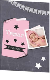 Geboortekaartje met eigen foto, wel zo uniek! - hip geboortekaartje op krijtbord met eigen foto meisje mak16081206, erh