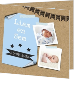 Geboortekaartjes voor een tweeling geboorte - hip geboortekaartje tweeling met eigen foto op karton mak16112904, vk