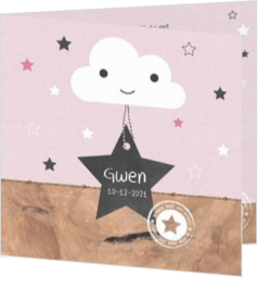Geboortekaartje voor een dochter of meisje - stoer geboortekaartje voor een meisje met wolkje, sterren, label en stempel