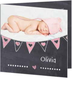 Stoer geboortekaartje ontwerpen - Geboortekaartje krijtbord met slinger en foto meis