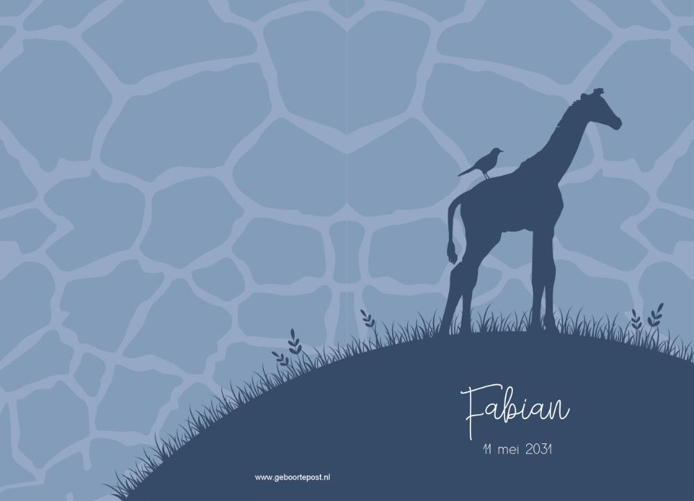 Trendy geboortekaartje met silhouet van een giraf met vogel Achterkant/Voorkant