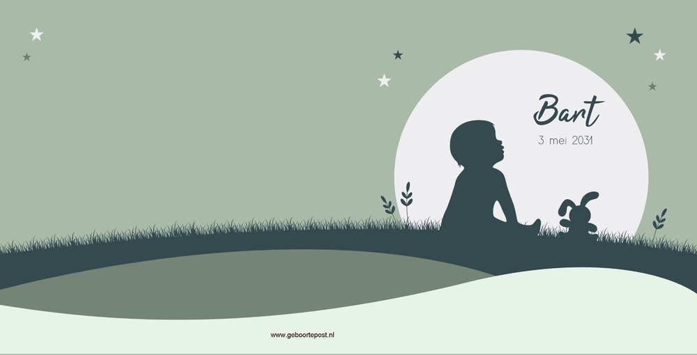 Geboortekaartje silhouet jongen met knuffel en maan Achterkant/Voorkant