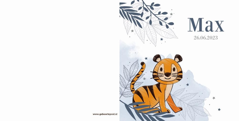 Geboortekaartje botanisch met een stoere tijger Achterkant/Voorkant