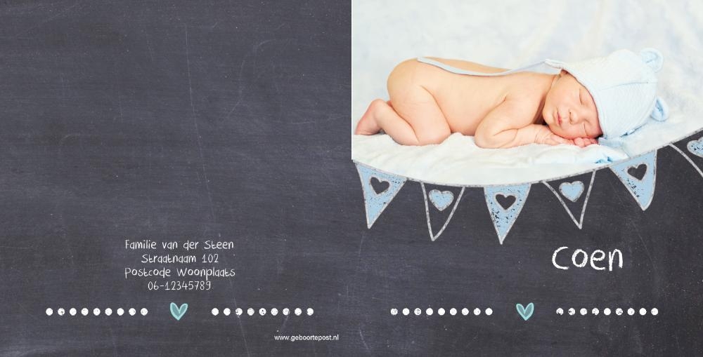 Geboortekaartje krijtbord met slinger en foto jongen Achterkant/Voorkant