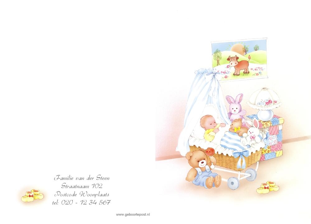 Klassiek geboortekaartje baby in wiegje zacht roze Achterkant/Voorkant