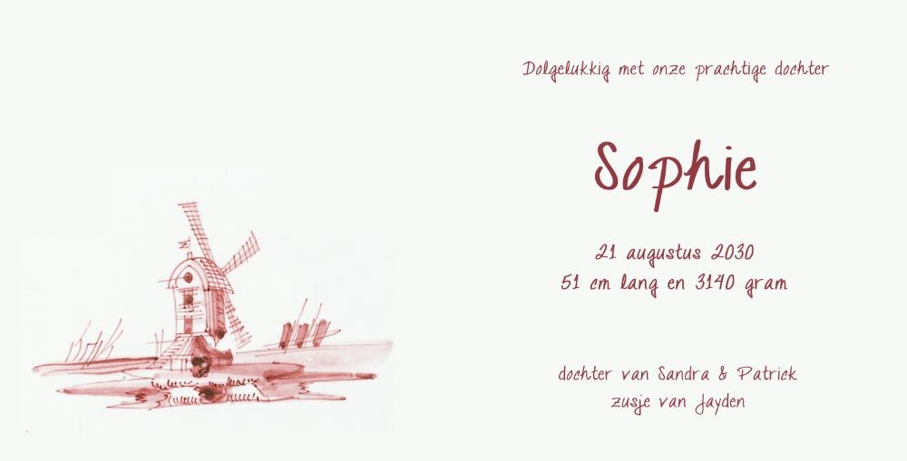 Oud Hollands geboortekaartje voor meisje met ooievaar en molen Binnenkant