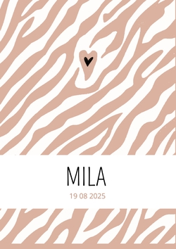 Geboortekaart zebra print met hartje Voorkant