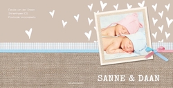 Foto geboortekaartje jute met hartjes tweeling roze blauw Achterkant/Voorkant