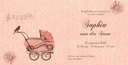 Geboortekaartje vintage oud roze met kinderwagen Binnenkant