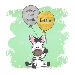 Geboortekaartje zebra met ballonnen groen Voorkant
