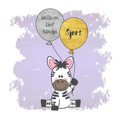 Geboortekaartje zebra met ballonnen paars Voorkant